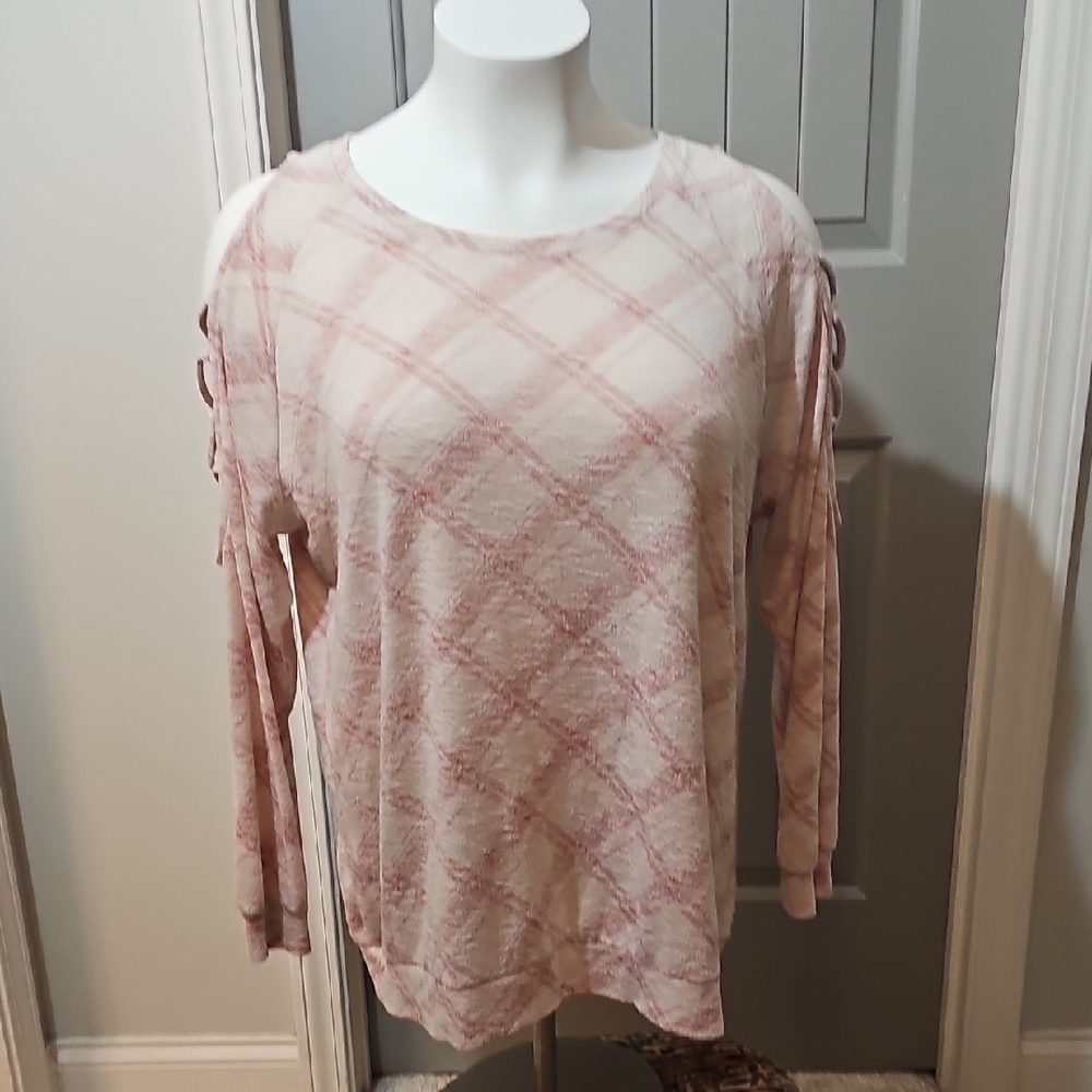 Cato Pink Plaid Cold Shoulder Blouse